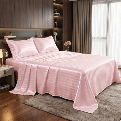 Ensemble de draps en satin rayé, literie luxueuse et douce comme de la soie, design rayé élégant, draps respirants et rafraîchissants, confort digne des plus grands hôtels pour la chambre à coucher, drap-housse à poches profondes, (rose, 4 pièces pour lit simple)