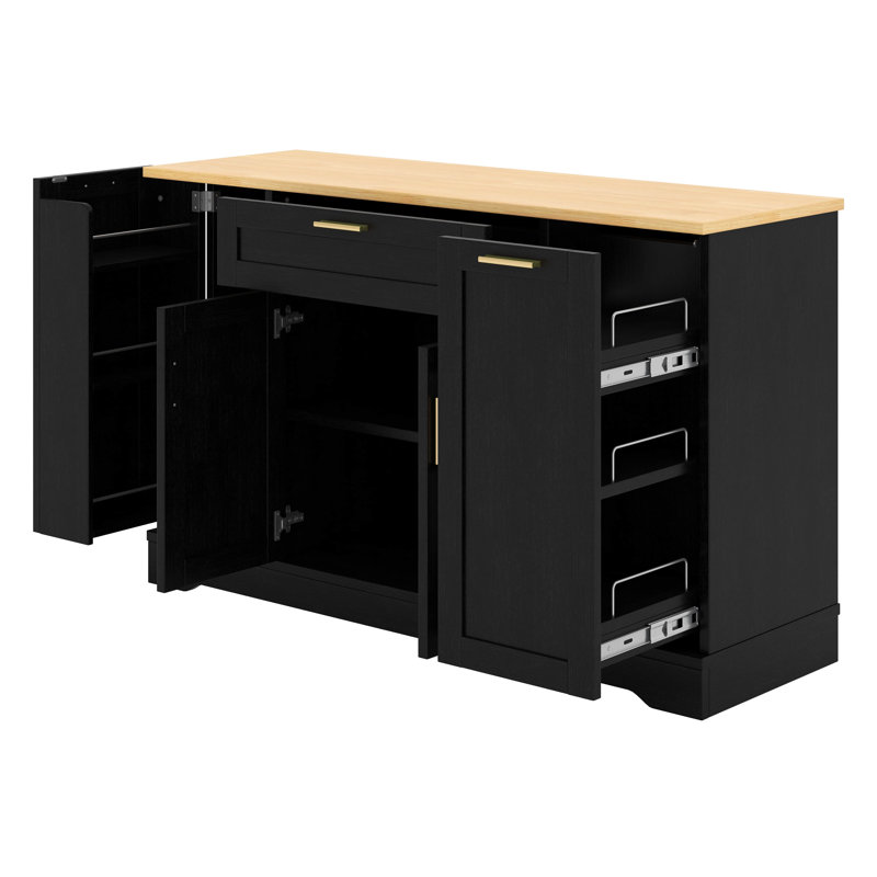 Îlot de cuisine avec tiroir, buffet avec support coulissant à 3 niveaux, armoire de rangement avec tablettes réglables et tablette de porte
