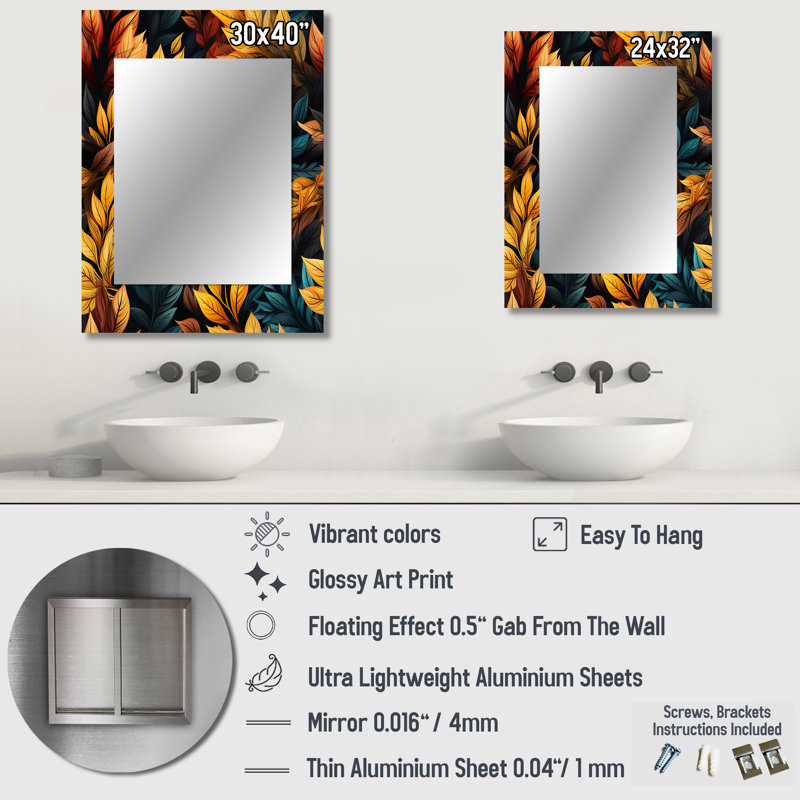 Carlaysia Yellow Rustic Autumn Leaves - vintage  Unique Wall Mirror, Floral Mirror, Printed Metal Art, 32" x 24"