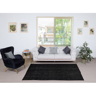 Tapis turc contemporain en laine fait à la main 5 x 8 pi. Tapis rétro noir rétro pour le salon