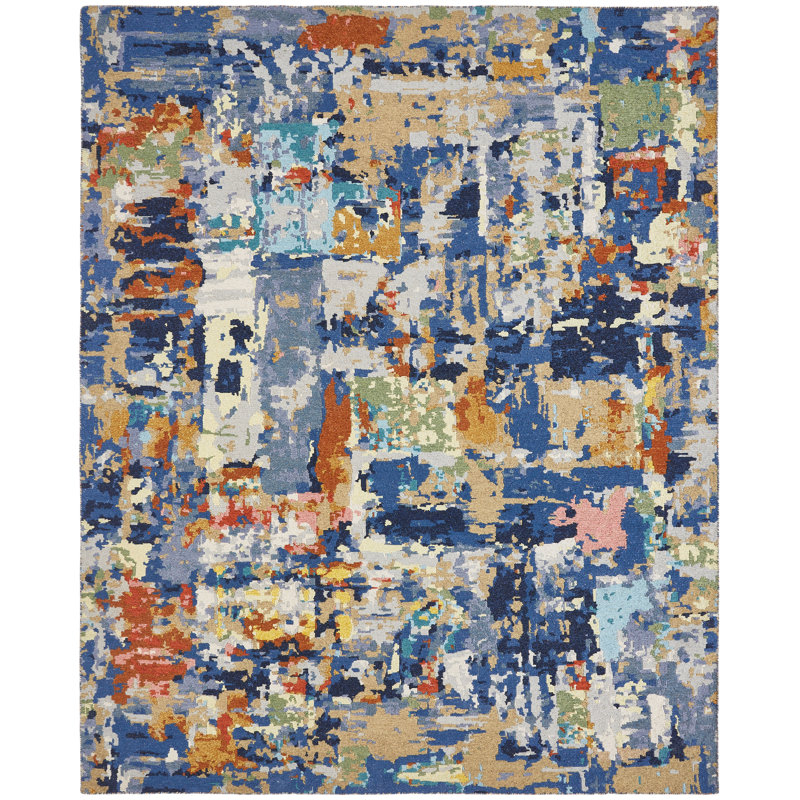 Tapis bleu abstrait en laine tissé à plat à la main Ranallo, Rectangle 2 pi x 3 pi