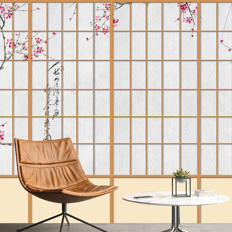 Tablette murale japonaise en forme de fenêtre japonaise vue de fruits sur les branches, L 100 po x l 144 po