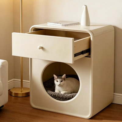 Cat Bed Nightstand Combo 2-in-1 Storage Cabinet, Modern Wooden End Table with Built-in Cat House, Space-Saving Multi-Functional Nightstand for Bedroom & Living Room