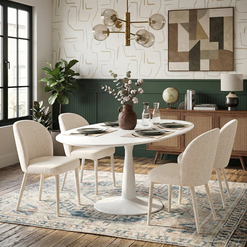 59" Oval Dining Table Set For 4, Modern Pedestal Kitchen Table Set With Upholstered Dining Chairs, White