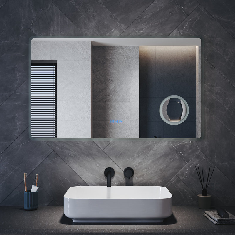 White Aluminium Framed Bathroom Mirror, Full Frosted Edge, Anti-Fog, Magnifier, Touch Dimmable LED &, 1000*600*35