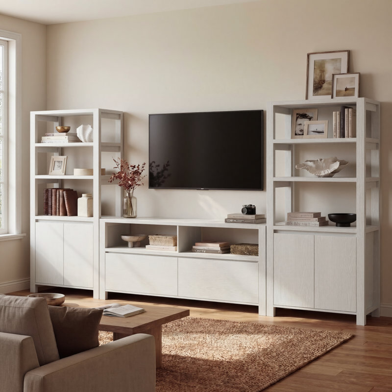 Entertainment Center With Bookshelves For Tvs Up To 70",Farmhouse TV Stand,For Living Room,Bedroom & Home Theater, White