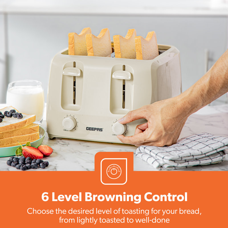 GEEPAS 4 Slice Toaster 6 Browning Levels with 2 Controls, Cancel Function 2 Removable Crumb Trays 1400W, Beige