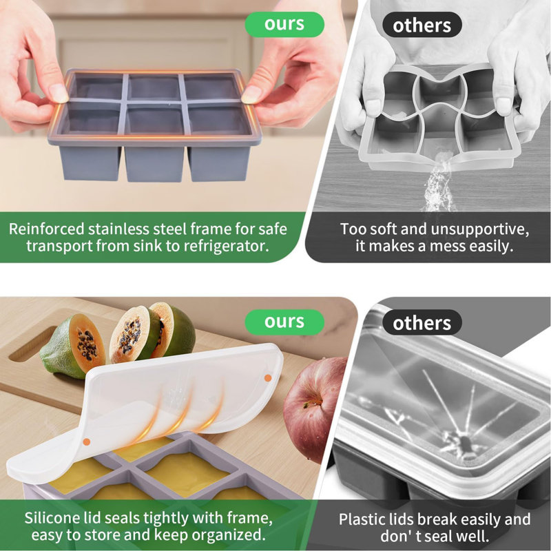 Paquet de 3 grands plateaux à glaçons en silicone - Moules à glaçons carrés de 2 pouces pour le whisky et les cocktails, machine à cubes de whisky à l'ancienne (énormes cubes à fusion lente), noir + gris foncé + mauve