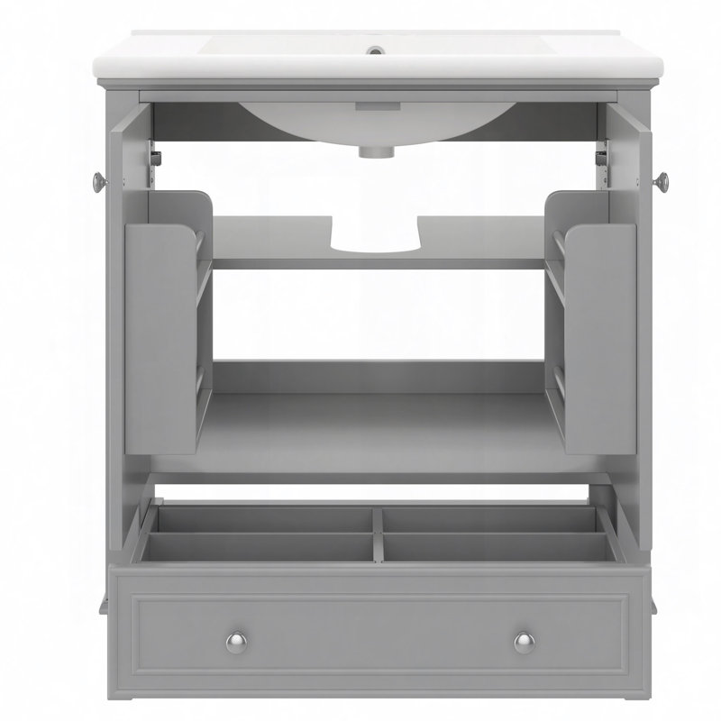 Ensemble de meuble-lavabo avec lavabo, armoire de salle de bain multifonctionnelle avec portes et tiroir, structure solide et panneau de fibres à densité moyenne