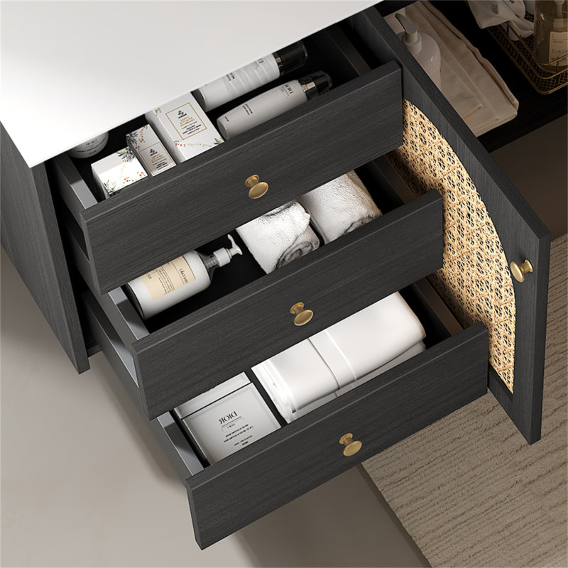 60 Inch Wall-Mounted Bathroom Vanity With Plywood Cabinet, 3 Soft Closing Drawers, 2 Doors, And Integrated Basin