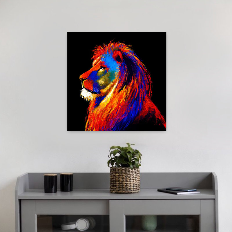 Art contemporain avec lion, H 18 po x l 18 po