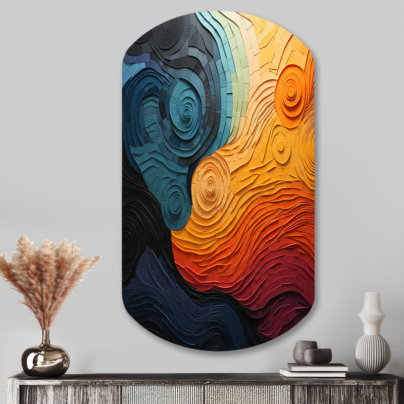 Teal Orange Op Art Rhythmic Illusion II - Cylinder Op Art Metal Wall Art, Asymmetrical Metal Wall Sculpture Print