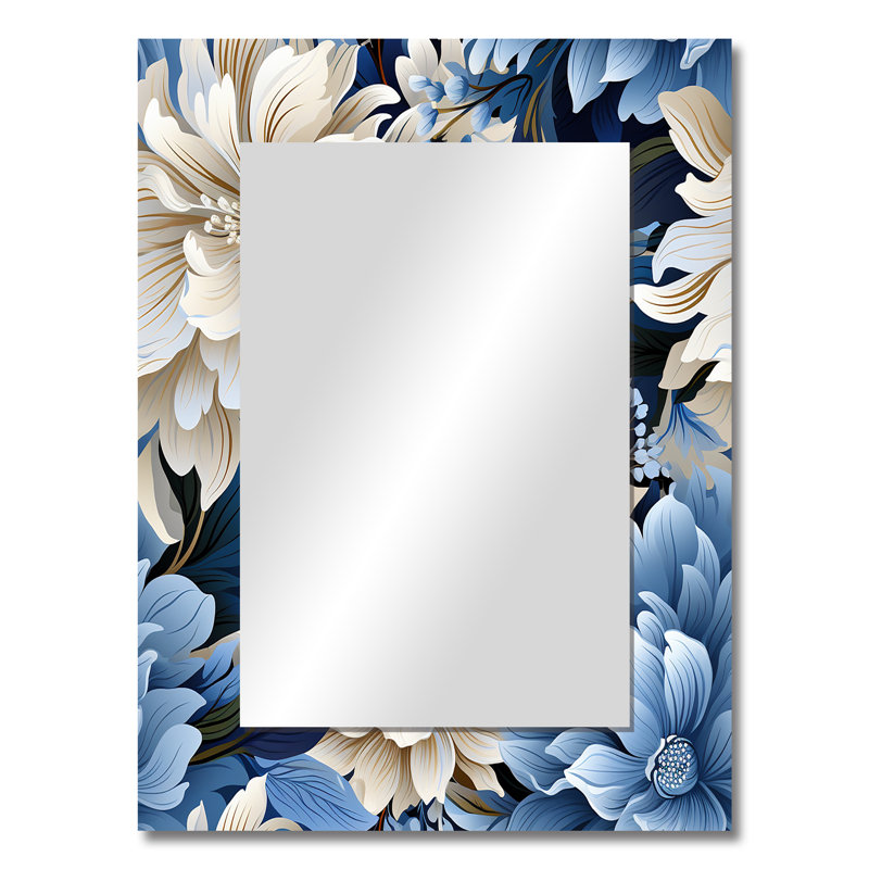 Motif floral den Deniah bleu et blanc zen - miroir décoratif floral, miroir mural floral, impression d'art en métal