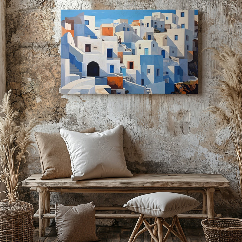 Art mural mural ensoleillé, bord de mer, village méditerranéen, île des Cyclades, toile prête à accrocher, décoration intérieure, conception moderne, qualité supérieure
