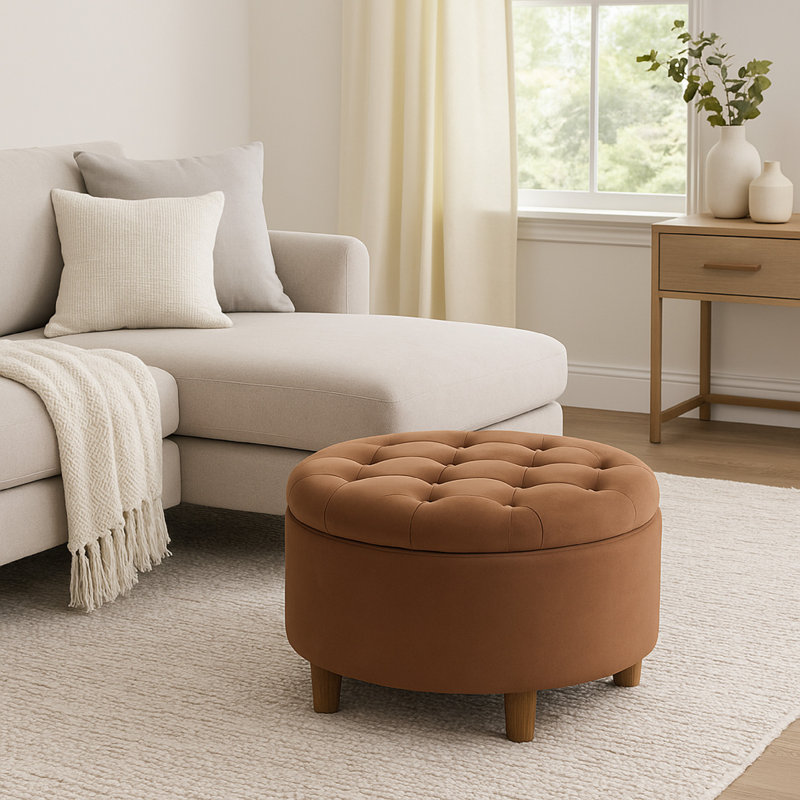 Repose-pieds avec rangement Jo, dessus relevable capitonné rond de 28 pouces, velours épice, Brun épicé