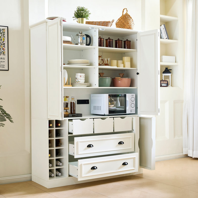 Grand garde-manger Farmhouse, rangement spacieux avec 4 portes pliables, prise de courant, tablettes, supports à vin et plateaux de service