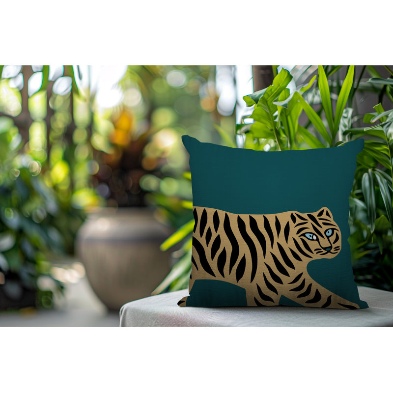Oreiller carré intérieur / extérieur Gigi Tiger, H 18 po x l 18 po, Émeraude