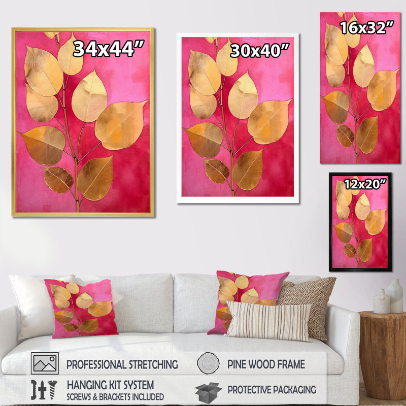 " Pink Gold Leafs Harmony II ", Gold Single Picture Framed, 44" H x 34" W x 1.5" D