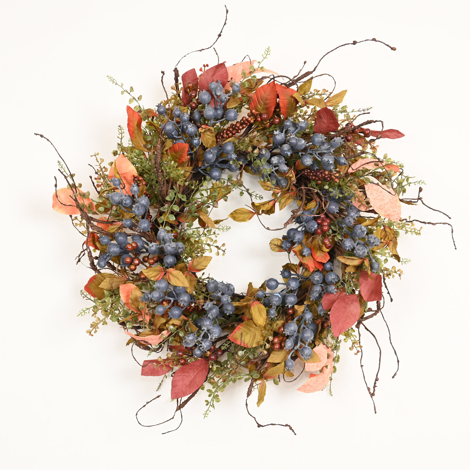 24" Handcrafted Berry Thanksgiving Wreath, Orange;Blue