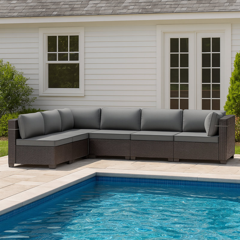 6-Piece All-Weather HDPE Wicker L-Shaped Patio Sectional Sofa Set With Cushions, Gray