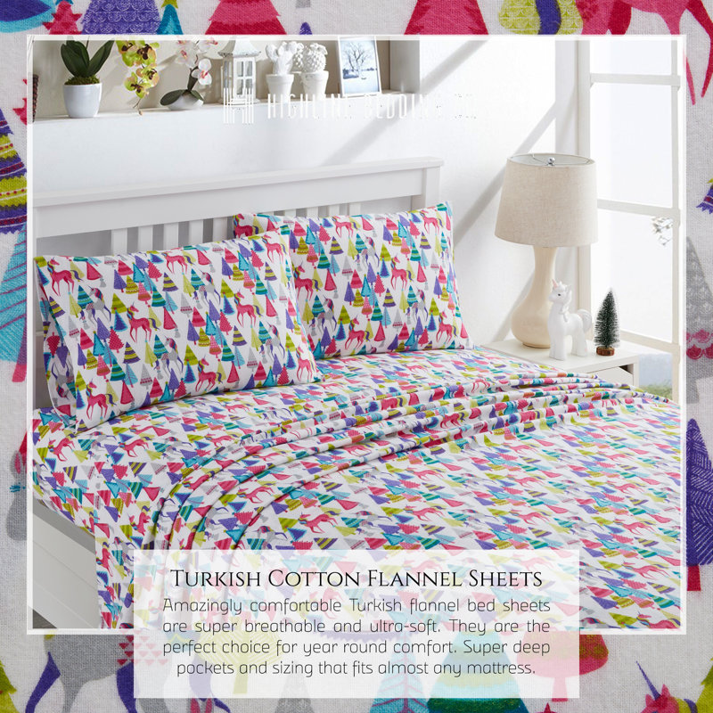 Unicorn Forest Turkish Flannel Sheet Set, Queen Sheet Set + 1 Fitted Sheet + 2 Pillowcases