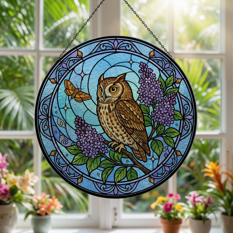 Panneau de vitrail hibou lilas ， 7,8H, H 7,8 po