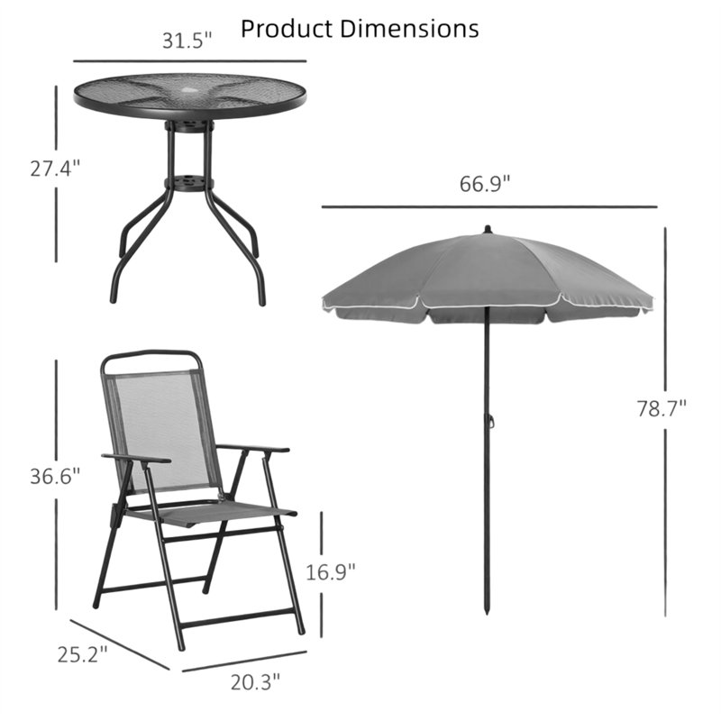 6-Piece Outdoor Dining Set with Patio Umbrella, 4 Folding Chairs, Tempered Glass Table, Steel Frame, Gray