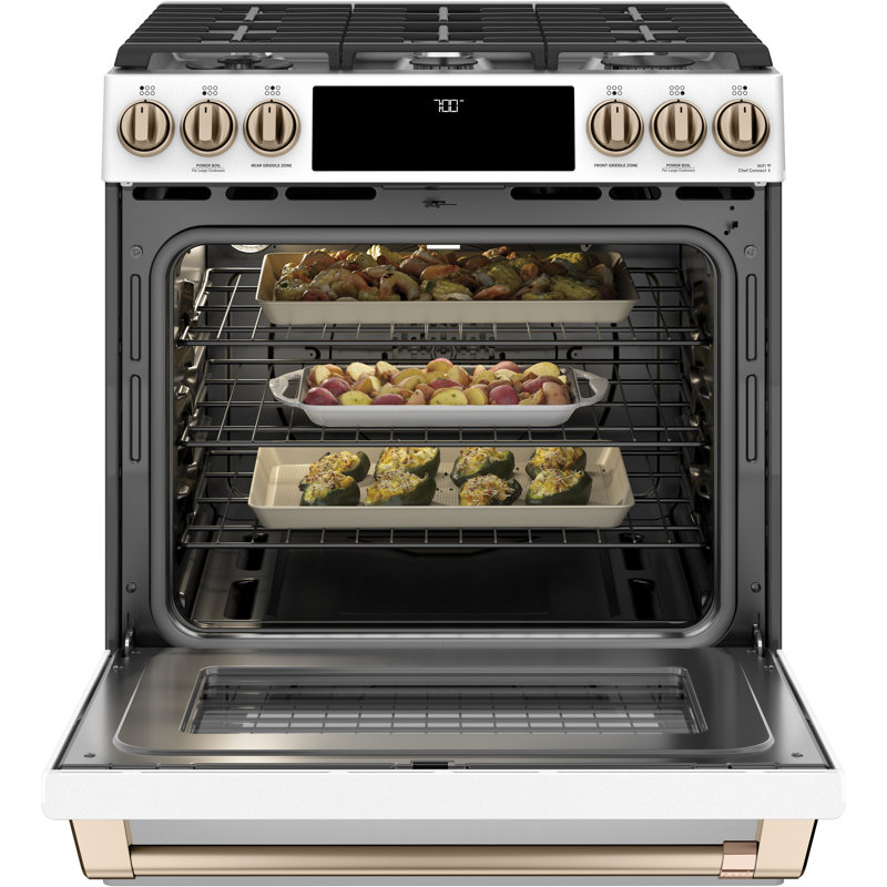 Café Smart Appliances 30" 5.6 cu. ft. Slide-in Gas Range with Griddle, Matte White - Brushed Bronze