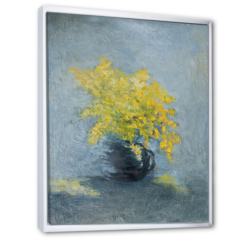 Nature morte jaune et bleu Mimosa - Peinture, H 20 po x l 12 po x P 1 po, Cadre flottant blanc