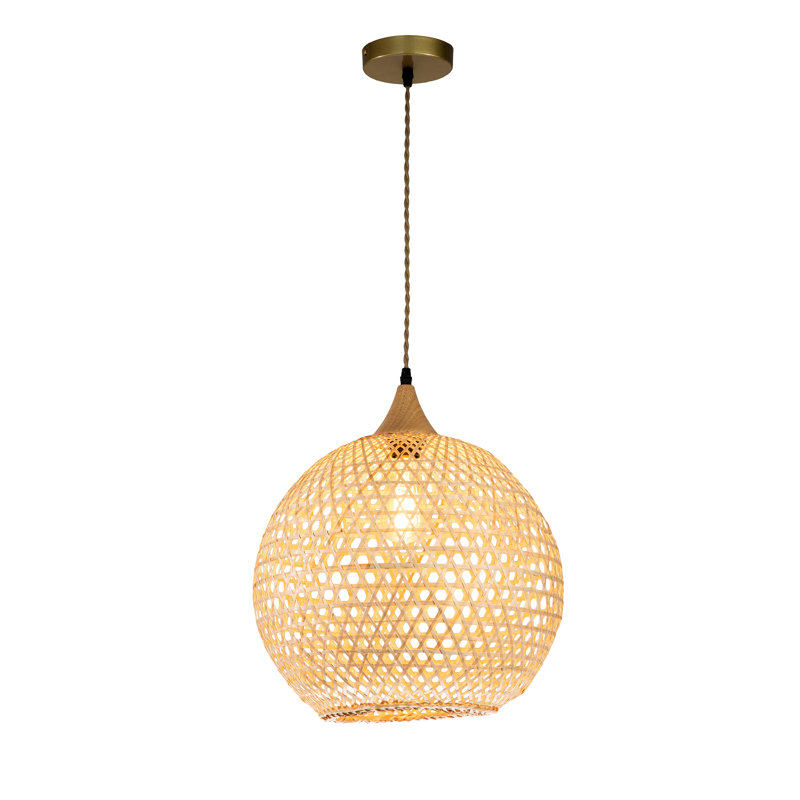 Wicker 1- Light Modern Coastal Beige Pendant Light 16 in. Natural Rattan Airy Shade in Brass Finish
