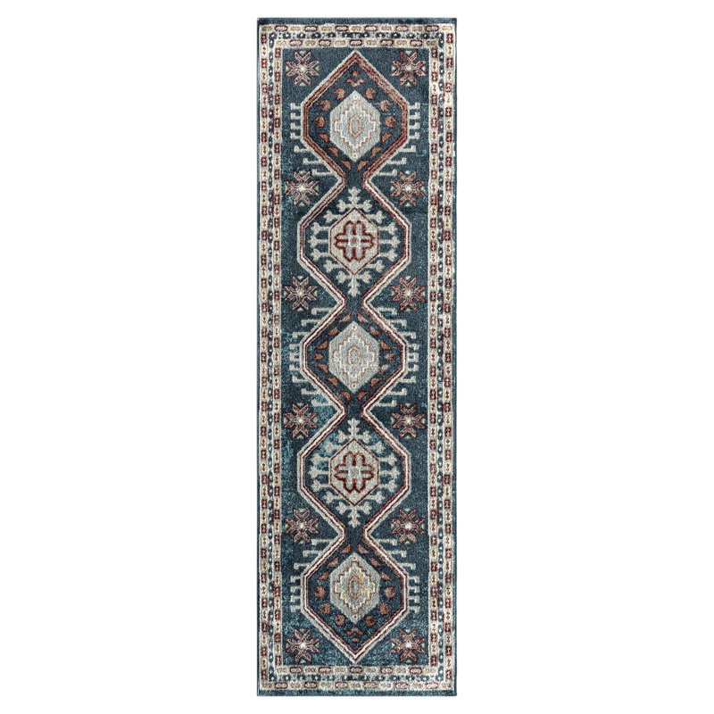 Beliz Southwestern Machine Washable Area Rug in Gray/Navy Blue, Runner 2'2" x 7'2"