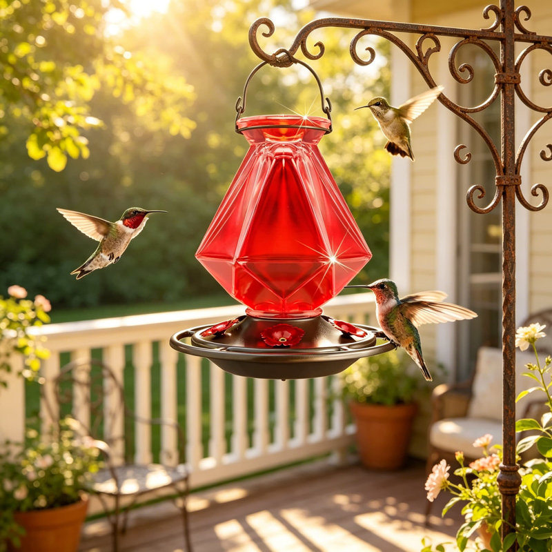 Mangeoire pour colibris à suspendre à l'extérieur, mangeoire en verre rouge 23 oz avec 5 ports d'alimentation et 5 perchoirs, base antirouille et étanche, forme de ligne géométrique