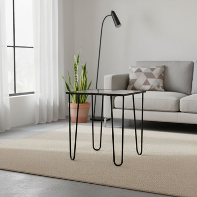 Table basse moderne avec plateau en verre trempé 21,0 po x 21,0 po x 21,7 po | Structure en métal robuste, verre épais de 0,16 po | Finition noire et transparente, design industriel élégant pour le salon et le bureau