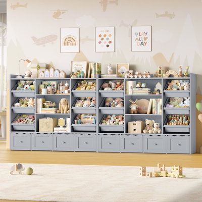 Toy Storage & Bookshelf Organizer 2-Pack - Double the Storage, Double the Fun, 8 Drawers + 6 Cubes + 12 Bins for Playroom Organization by Rebrilliant