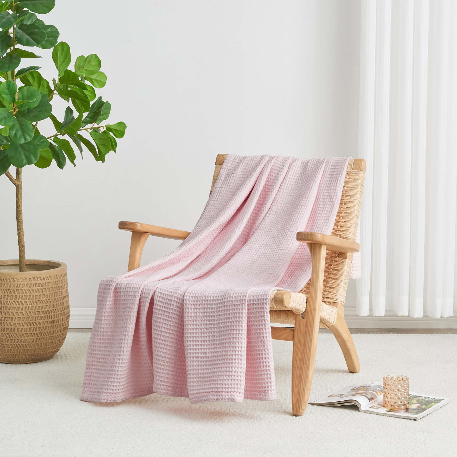 100% Cotton Waffle Weave Blanket, Blush, Twin