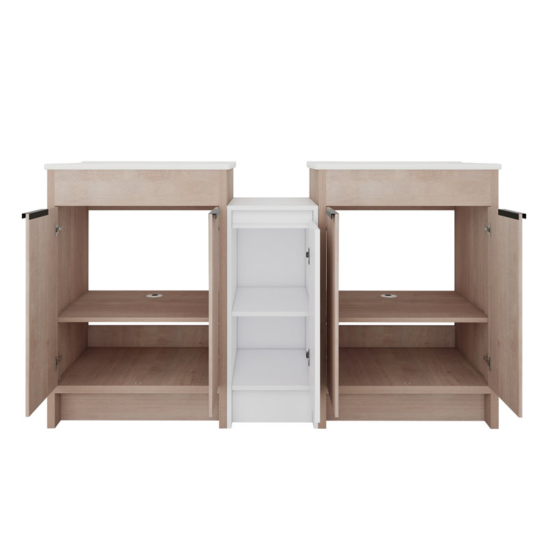 Meuble-lavabo autoportant avec lavabo en céramique et armoires de rangement, Blanc, 60", Blanc brillant / chêne clair clair
