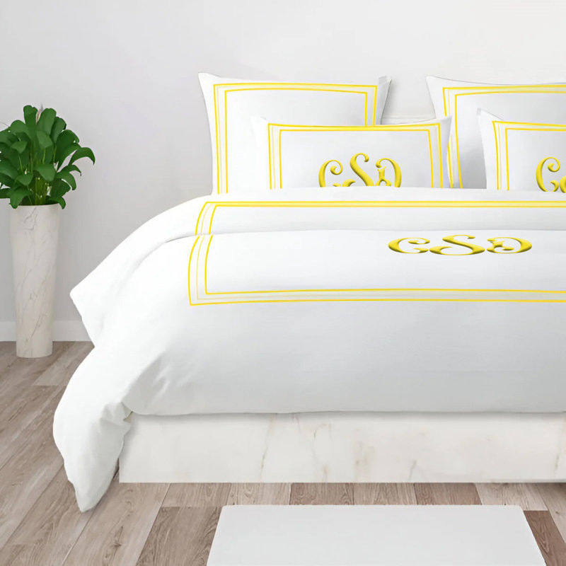 Monogram 400TC Cotton Classic Embroidery Sateen Solid Duvet Cover Set, Oversize King Duvet Cover, Yes