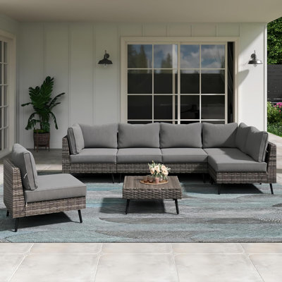 Yardgrace7-piece Outdoor Sectional Sofa Set, Modern Modular Pe Rattan Wicker Patio Furniture With Thick Cushions, All-weather
