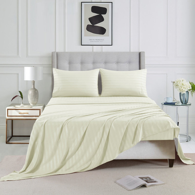 3/4 Pcs Luxury Striped Bed Sheets Set, Queen Sheet Set with 2 Pillowcases, Cream