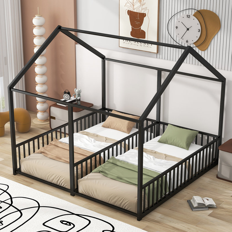 Lits plateforme en métal pour lit simple, deux lits partagés avec garde-corps, Noir