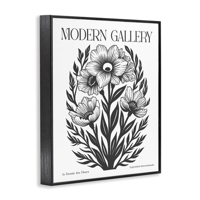 Fleurs avec fougères courbées, estampe numérique encadrée, H 20 po x l 16 po, Giclée encadrée noir minuit