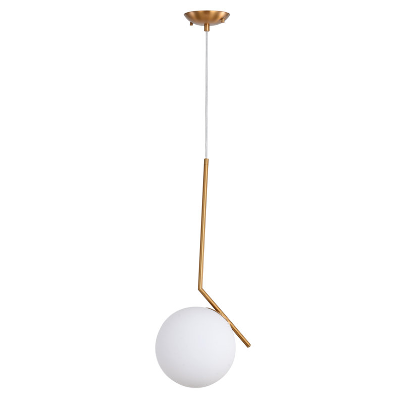 Luminaire suspendu simple sphère 1 lumière Kingston avec abat-jour en verre blanc lait, Fer laiton