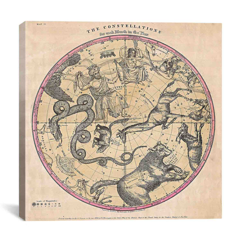 Cartes et graphiques, impression des constellations d'étoiles de l'hémisphère nord (Burritt, 1856), impression sur toile en beige