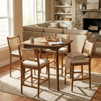 Viren Mid-Century Modern 5-Piece Rubberwood Counter Height Dining Table Set With Woven Rope