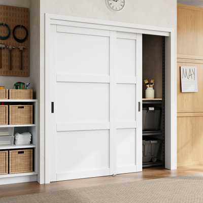 80" White Primed 1-Panel Or 3-Panels Closet Sliding Door With Hardware Kit & Handles