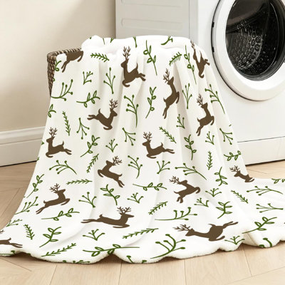 Jeté polaire blanc ultra doux en flanelle, imprimé renne de Noël bleu