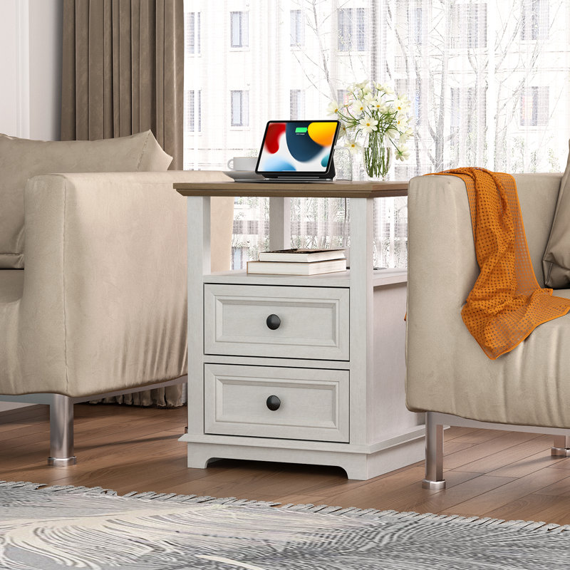 Bijal Tray Top 2 - Drawer End Table and Built-In Outlets, Brown Top/White Base