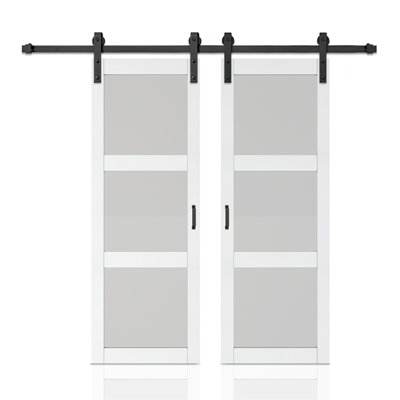 42 po X 84 po Porte de grange coulissante double en verre trempé givré 3-Lite avec poignée