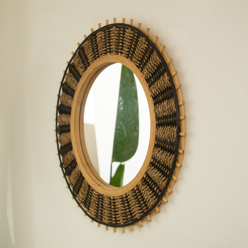 【Miroir mural rond en bambou de 23 po Echo - Cordes de chanvre jaune clair et noir, décoratives pour salle de bain / chambre à coucher / salon