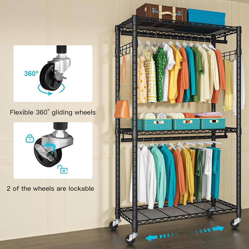Portant à vêtements roulant en métal avec tablettes réglables - Noir - Conception à 3 niveaux / Tiges de suspension doubles / Roues verrouillables
